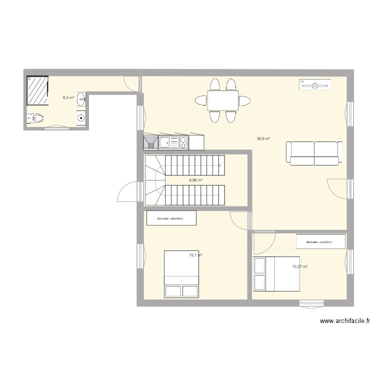 RDC. Plan de 5 pièces et 78 m2