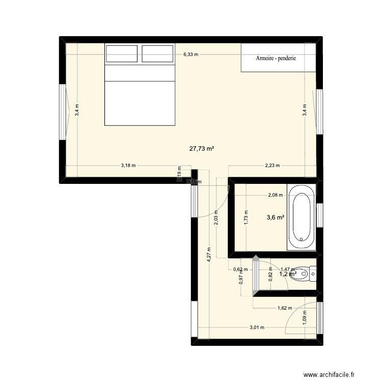 Actuel Chambre Evian projet 2. Plan de 3 pièces et 33 m2