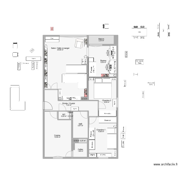 Réaménagement. Plan de 15 pièces et 82 m2