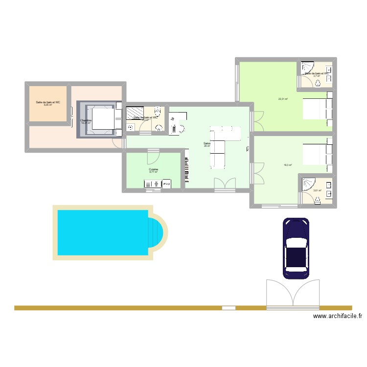 Villa au bled. Plan de 9 pièces et 115 m2