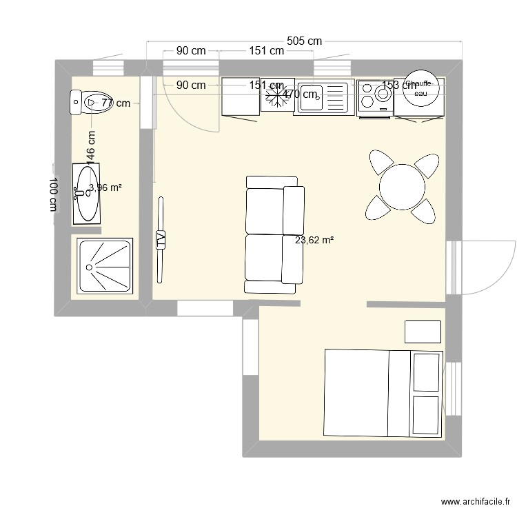 Studio 17. Plan de 2 pièces et 28 m2