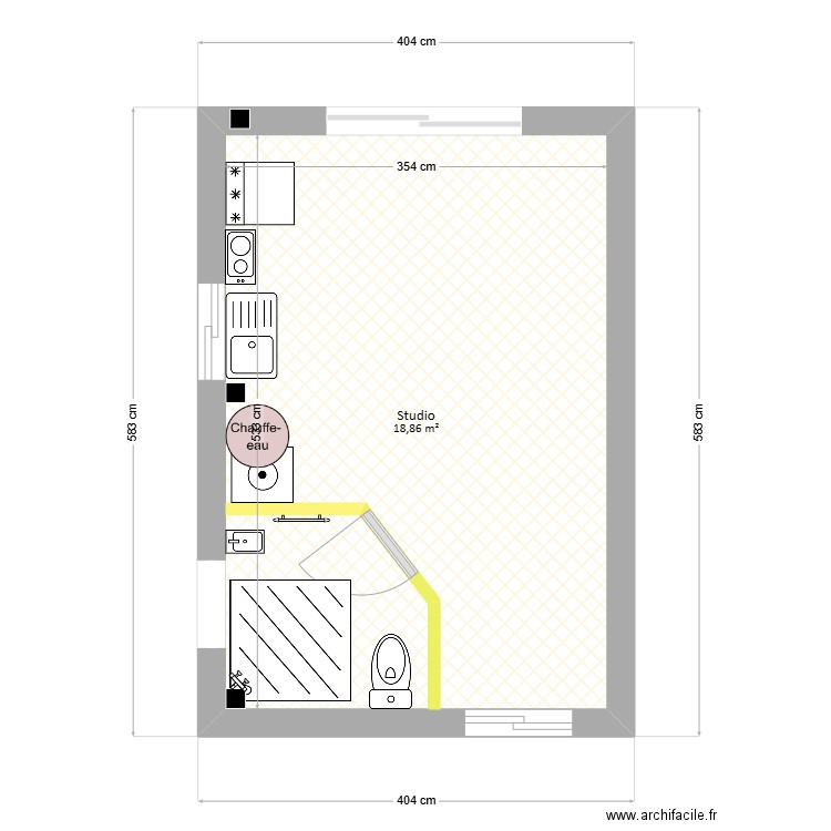 Le garage en studio nu. Plan de 1 pièce et 19 m2