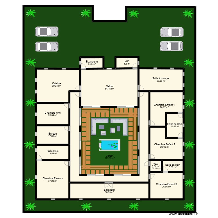 1 er plan. Plan de 19 pièces et 1601 m2