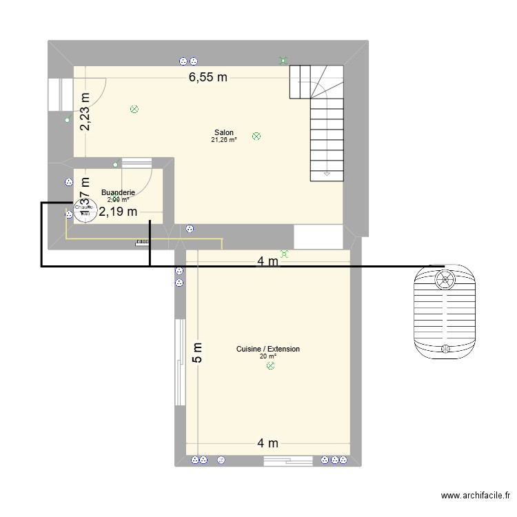 Plan rez de jardin + extension. Plan de 3 pièces et 44 m2