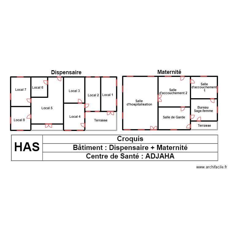 VUE EN PLAN DISPENSAIRE MATERNITE CS ADJAHA. Plan de 16 pièces et 89 m2