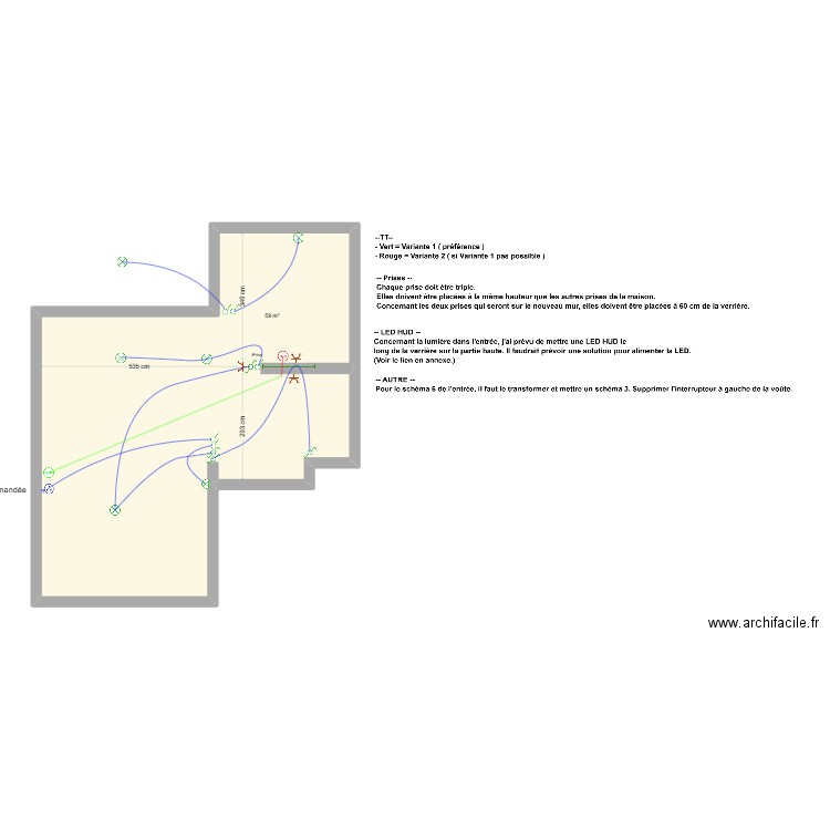 ele. Plan de 1 pièce et 59 m2