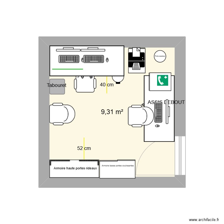 projet 3 bureau . Plan de 1 pièce et 9 m2