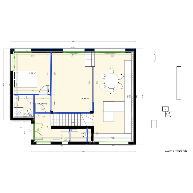 Cuisine Antony. Plan de 4 pièces et 70 m2