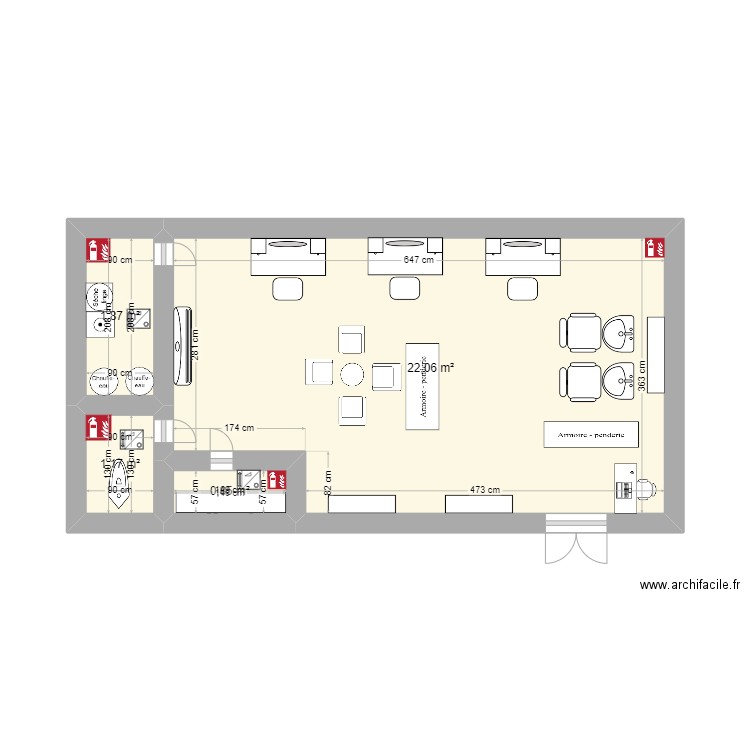 salon de coiffure. Plan de 4 pièces et 26 m2