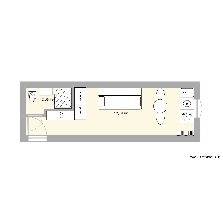 foch chambre 62 V2. Plan de 2 pièces et 15 m2