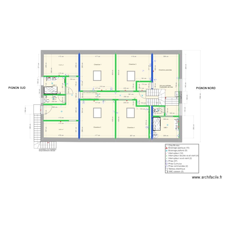 Plan implantation R+1. Plan de 13 pièces et 151 m2