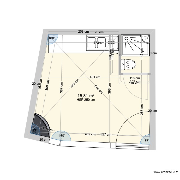 existant De Courlon. Plan de 1 pièce et 16 m2