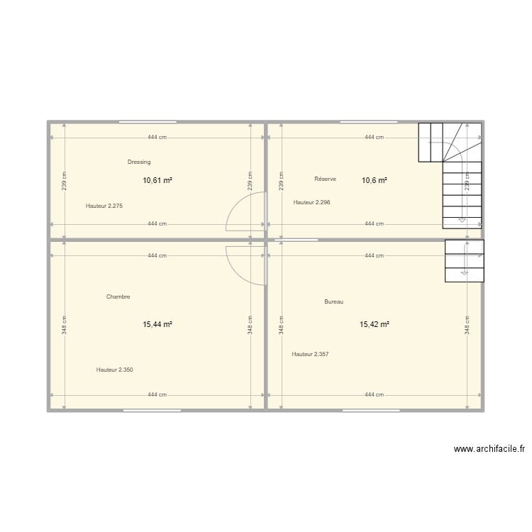 Maison étage PAC. Plan de 4 pièces et 52 m2