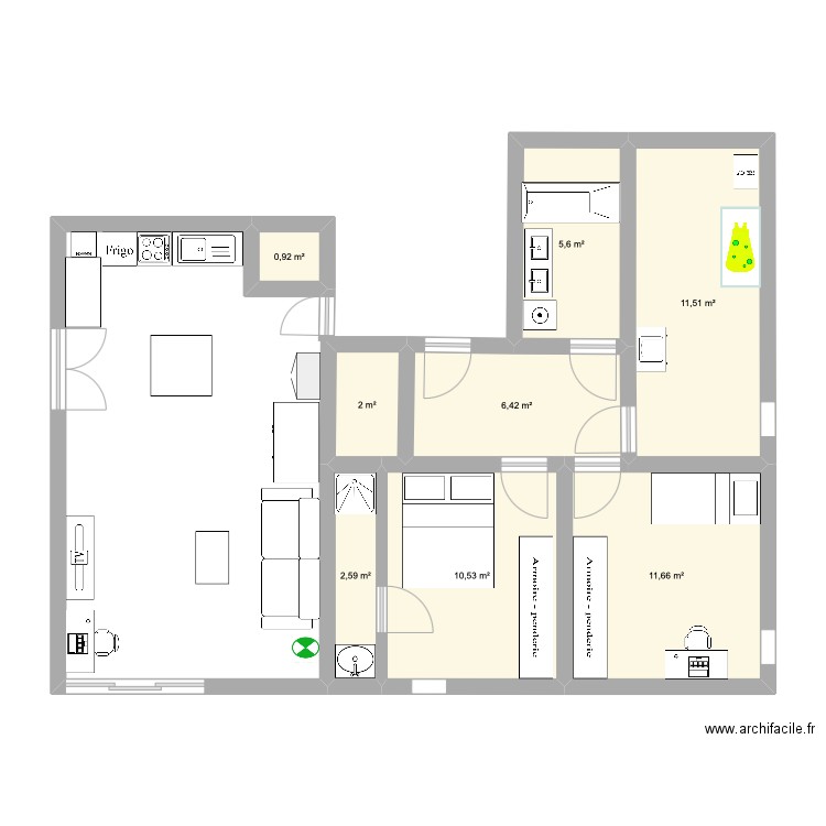 aerhjk. Plan de 8 pièces et 51 m2