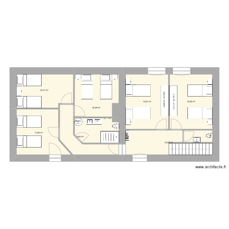 Etage gîte. Plan de 7 pièces et 85 m2