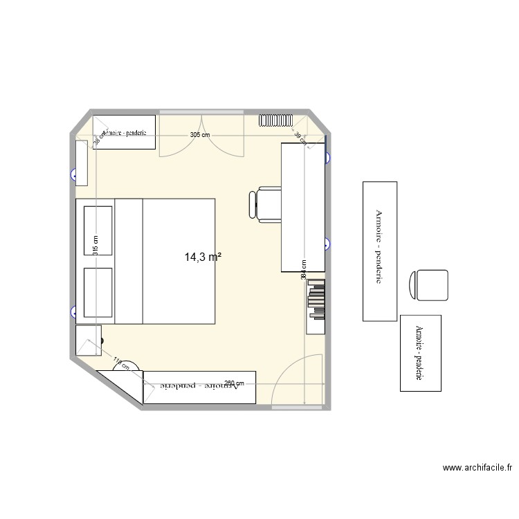 Chambre 1. Plan de 1 pièce et 14 m2