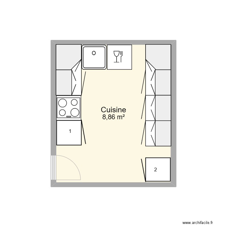 cuisine. Plan de 1 pièce et 9 m2