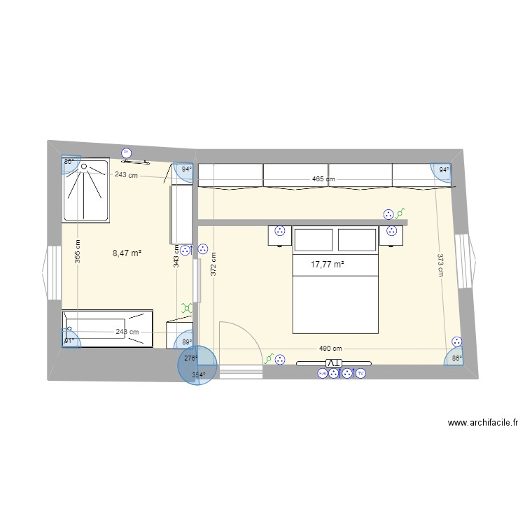 CHAMBRE - SDB. Plan de 2 pièces et 26 m2