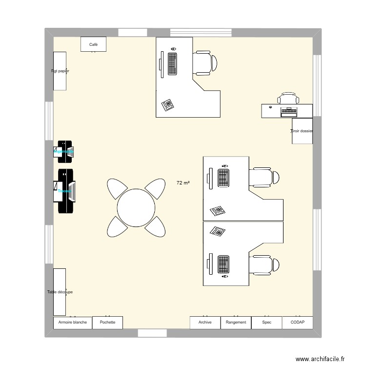 Bureau borderes. Plan de 1 pièce et 72 m2