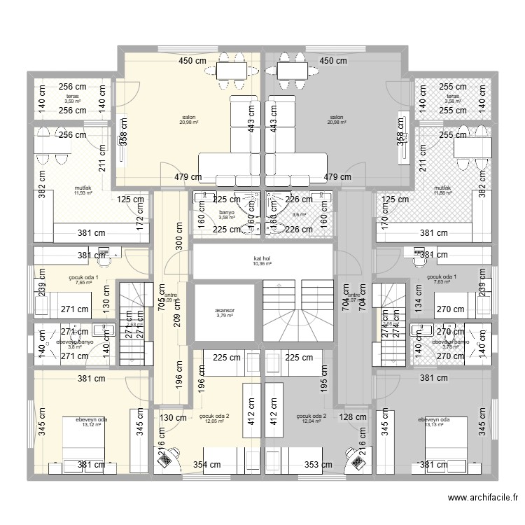  celaliye 1256-5  3+1 dubleks alti perso. Plan de 22 pièces et 189 m2