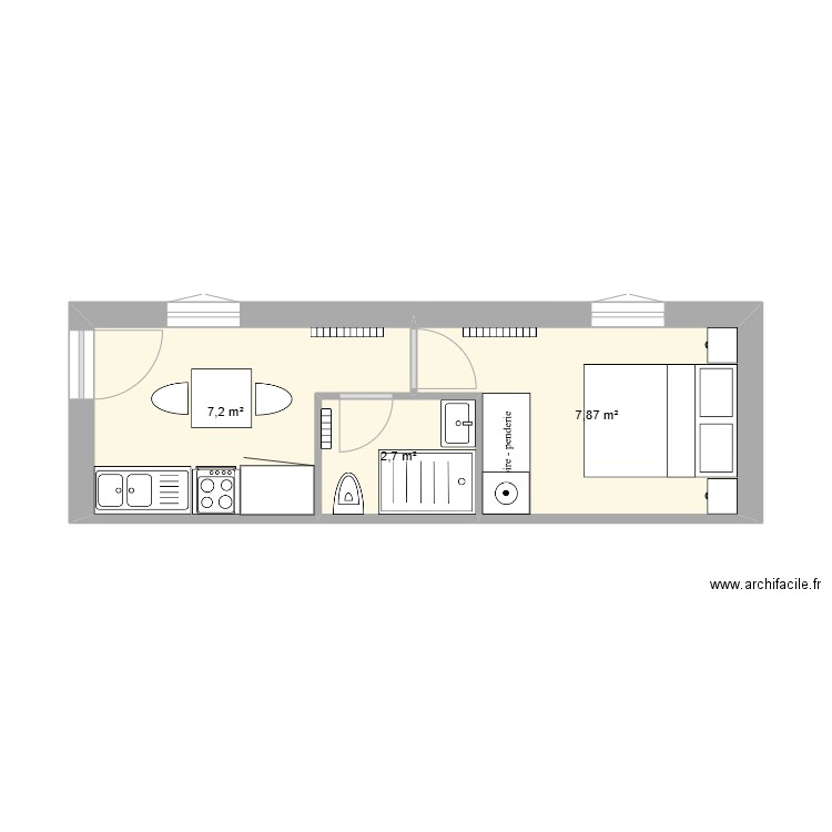 Studio. Plan de 3 pièces et 18 m2