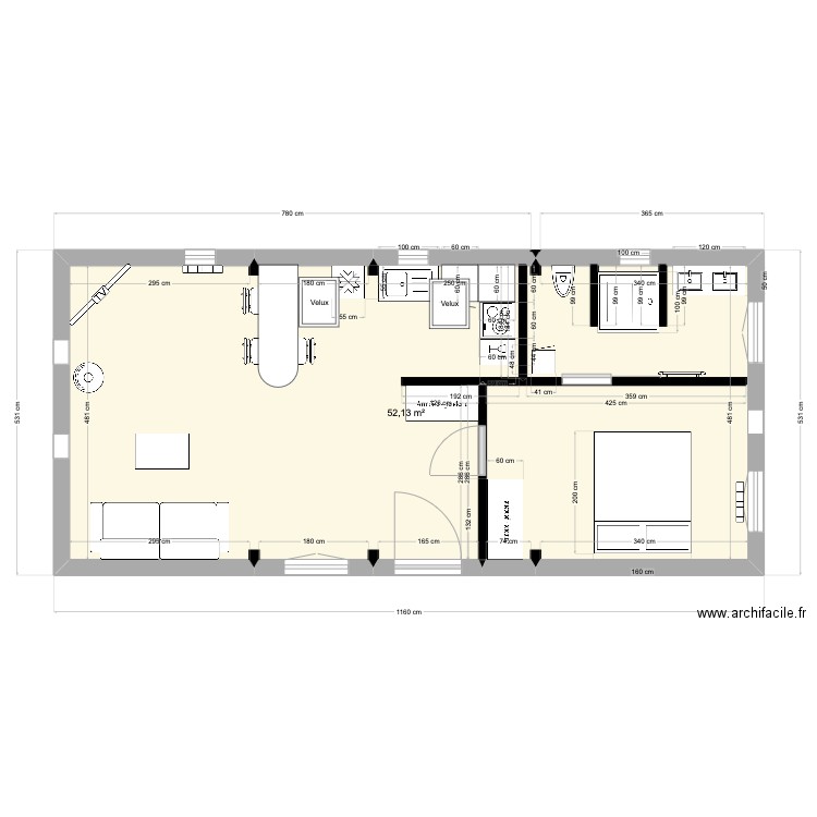 Dependance_3-poutres. Plan de 1 pièce et 52 m2