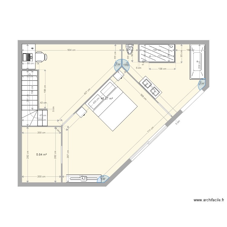 1 etage maison. Plan de 2 pièces et 52 m2