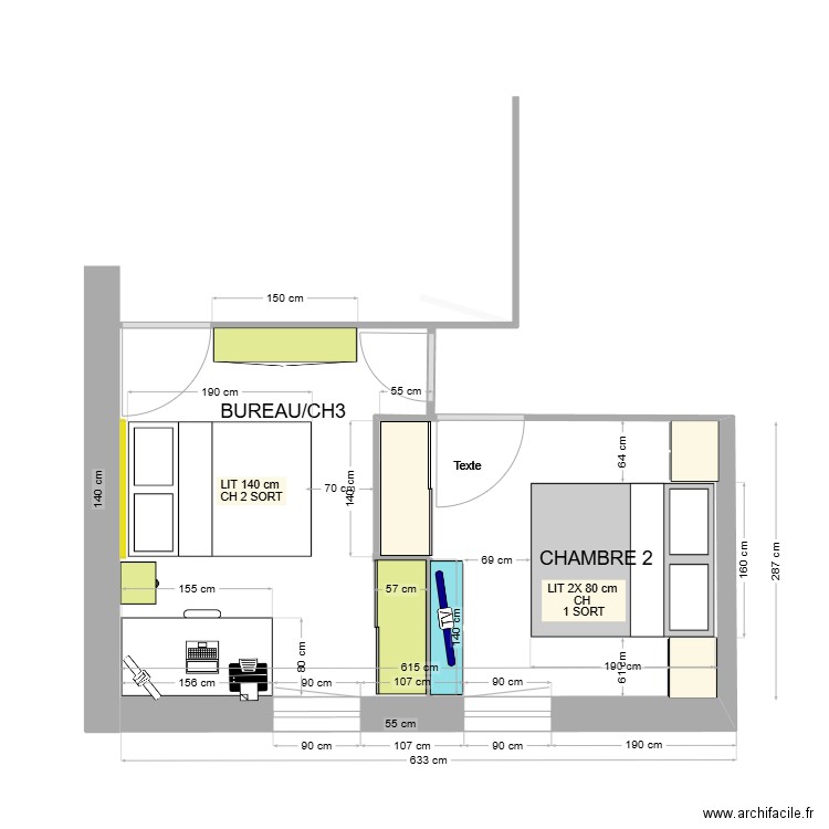 chambre parents en CH 2 2 X 80 cm & BUREAU CH3 version LIT 140 cm. Plan de 0 pièce et 0 m2