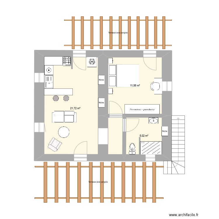 Toubab Dialaw . Plan de 4 pièces et 38 m2