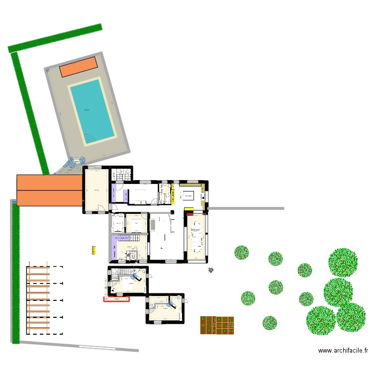 plan avec deux chambres et la salle de bain dans l'ancienne cuisine. Plan de 17 pièces et 218 m2