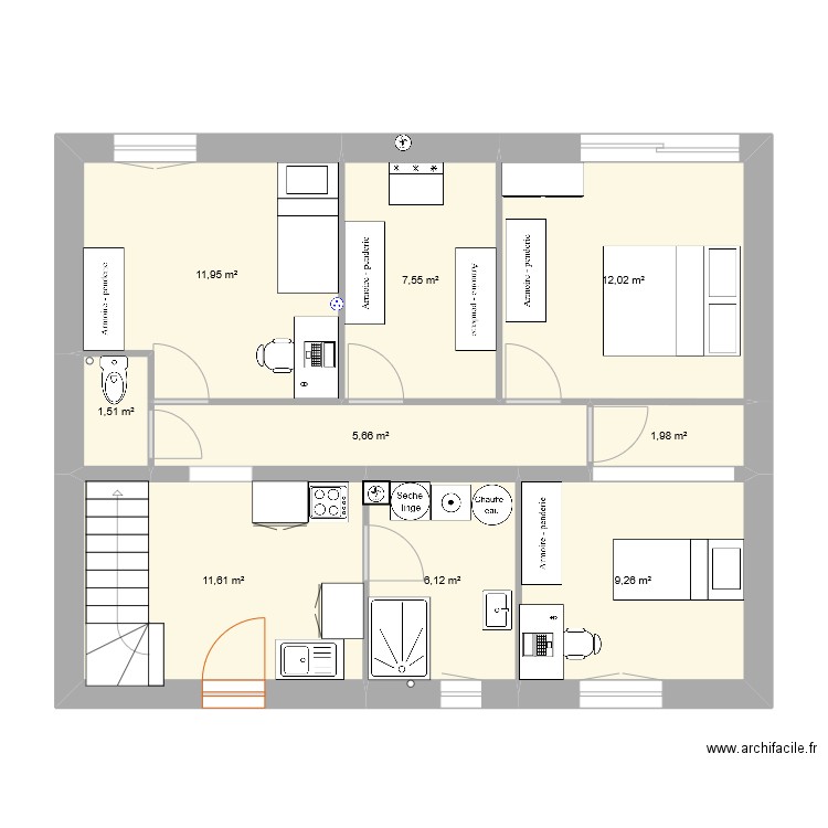 sous sol. Plan de 9 pièces et 68 m2