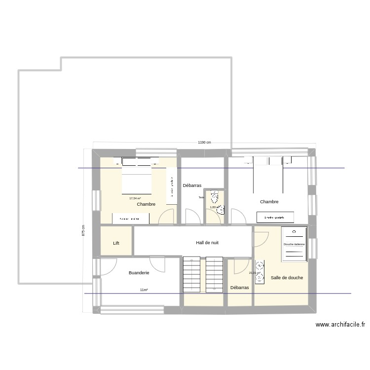 Etage_projet2. Plan de 3 pièces et 41 m2