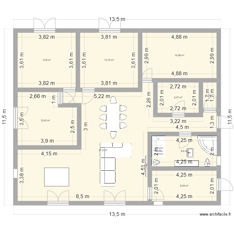 plan maison 128m² + garage 15m². Plan de 9 pièces et 130 m2