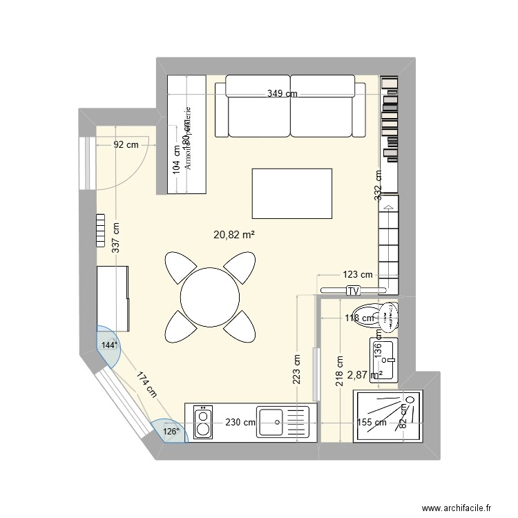 apt reg. Plan de 2 pièces et 24 m2