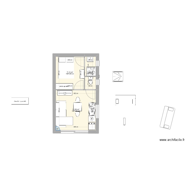 K2 plan RIS. Plan de 3 pièces et 22 m2