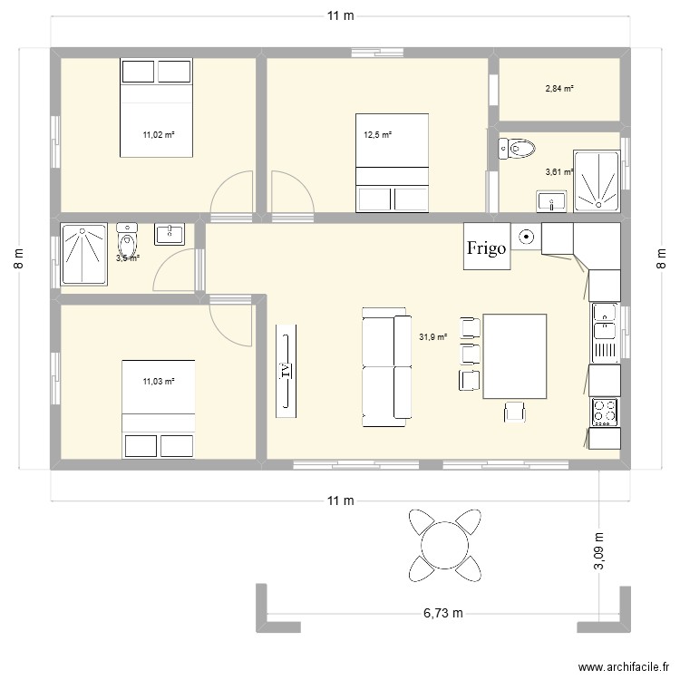 maison 80m² + terrasse 20 m². Plan de 7 pièces et 76 m2