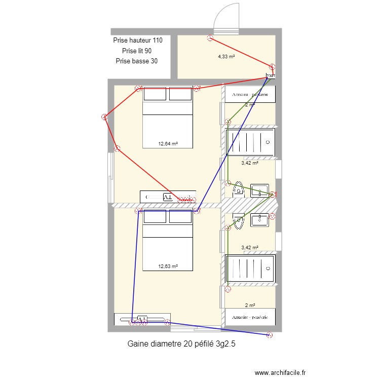 Corse chambre ami prise de courant. Plan de 7 pièces et 40 m2