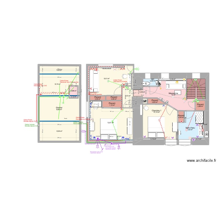 Etage 03-08-2024 schéma électrique. Plan de 25 pièces et 85 m2