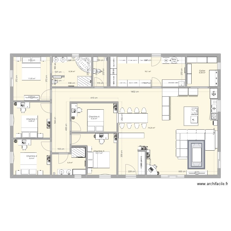 Maison Plain Pied dressing. Plan de 11 pièces et 164 m2