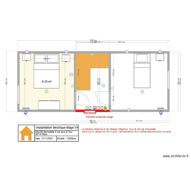  Implantation électrique étage V4. Plan de 1 pièce et 9 m2