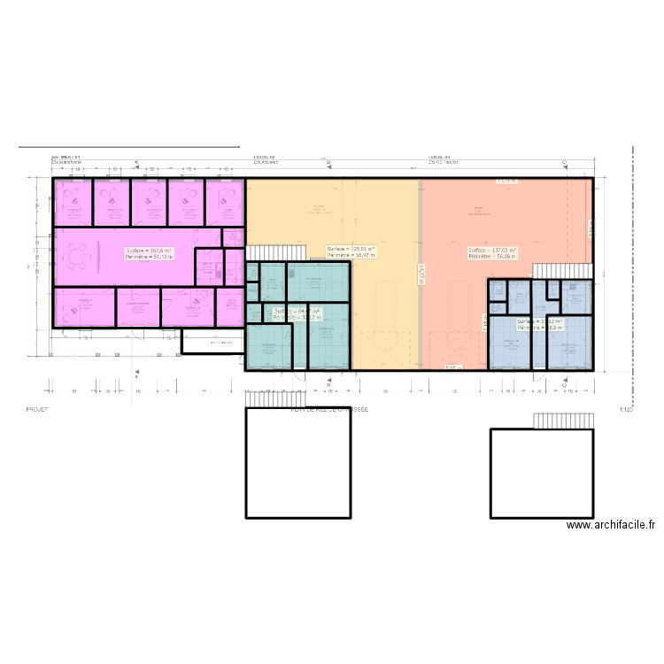 44829 - croquis RDC et mezzanine. Plan de 33 pièces et 324 m2