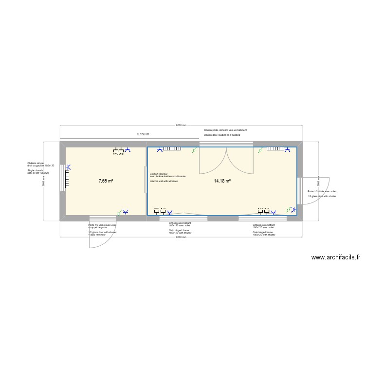 Swissport 9x3. Plan de 2 pièces et 22 m2