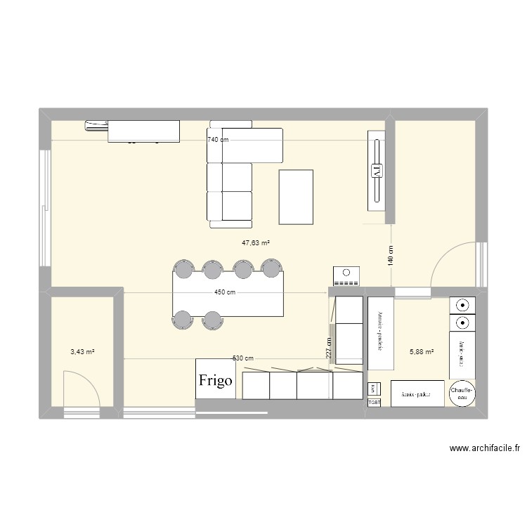 RDC. Plan de 3 pièces et 57 m2