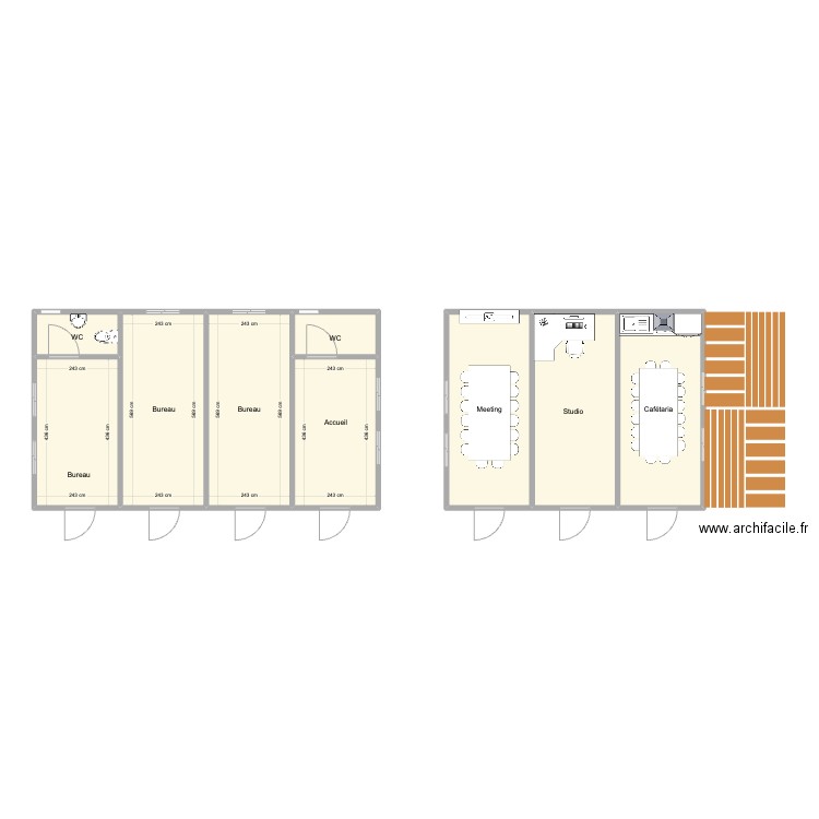 Conteneur bureau avec sanitaires. Plan de 9 pièces et 96 m2