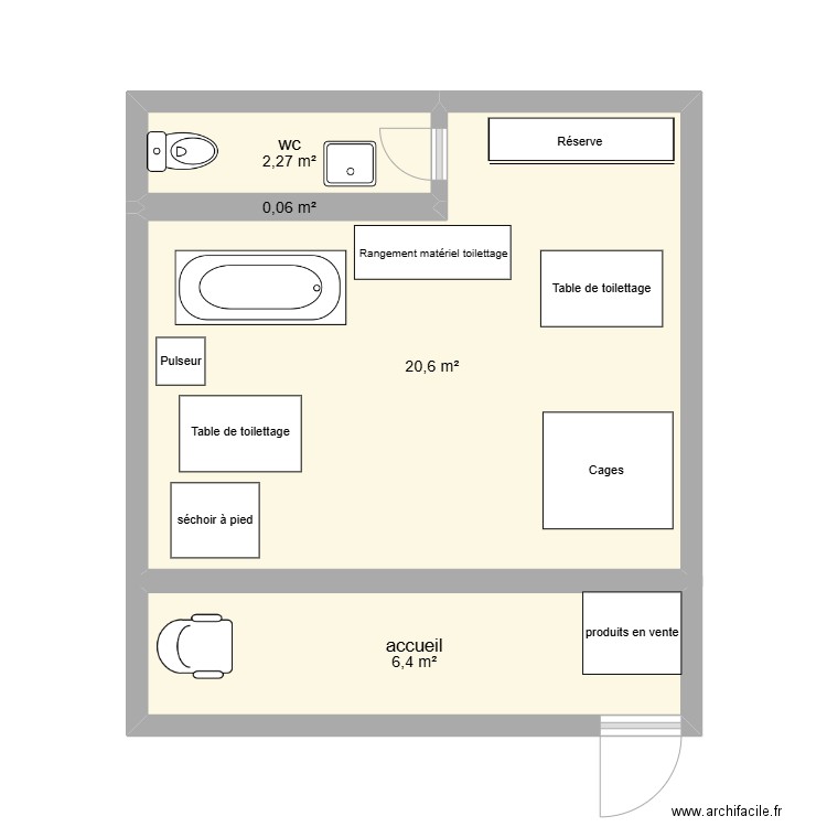 salon de toilettage. Plan de 4 pièces et 29 m2