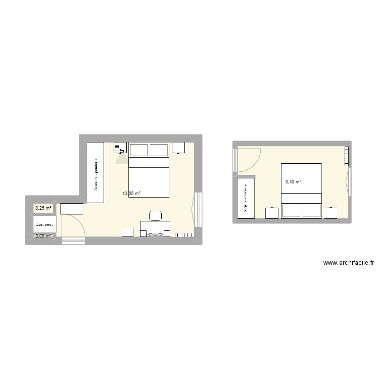 Chambres. Plan de 4 pièces et 23 m2