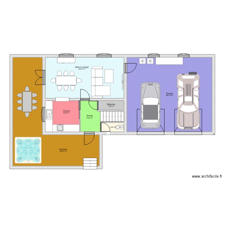 Terrasse - Rez de chaussé - Garage. Plan de 7 pièces et 131 m2