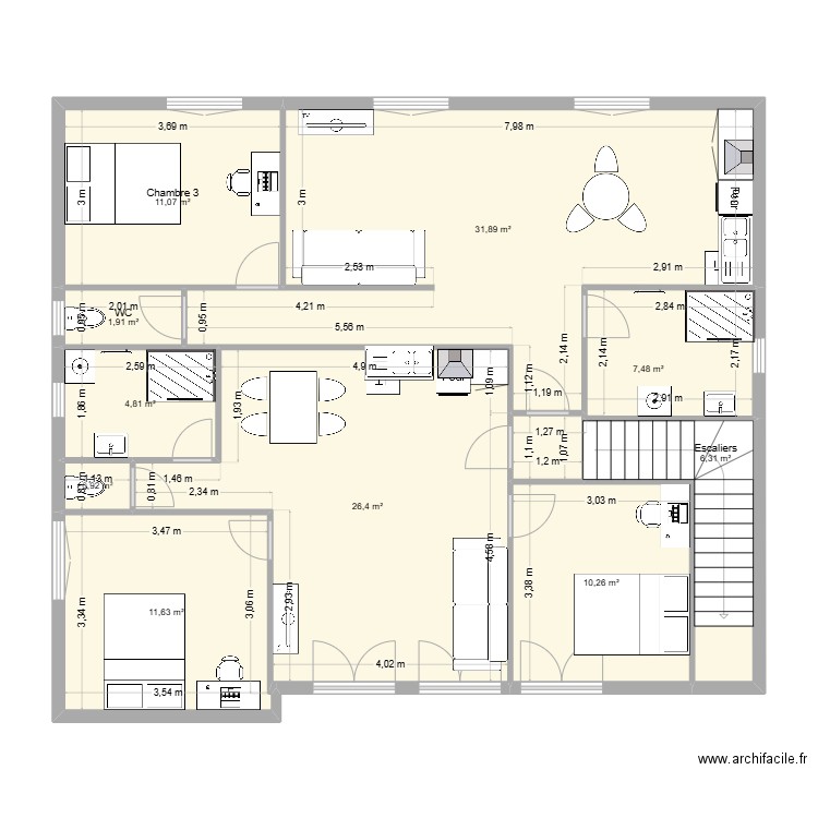 Locaux Saumur - Etage projet aménagement T2+T3 V.2. Plan de 10 pièces et 113 m2