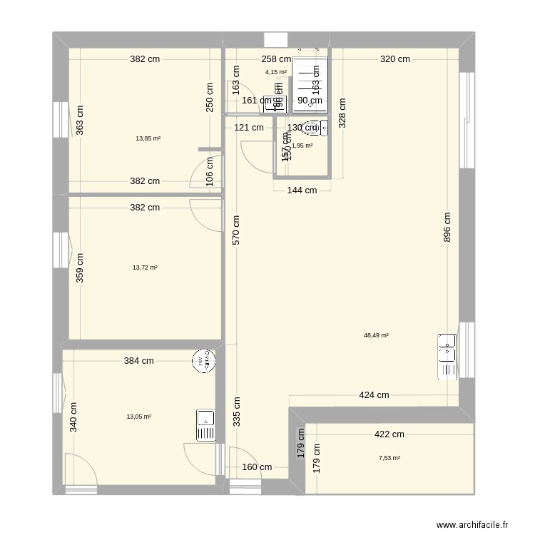 Magnolia3ch81v1_petiteSdB_terrassedevant. Plan de 7 pièces et 103 m2