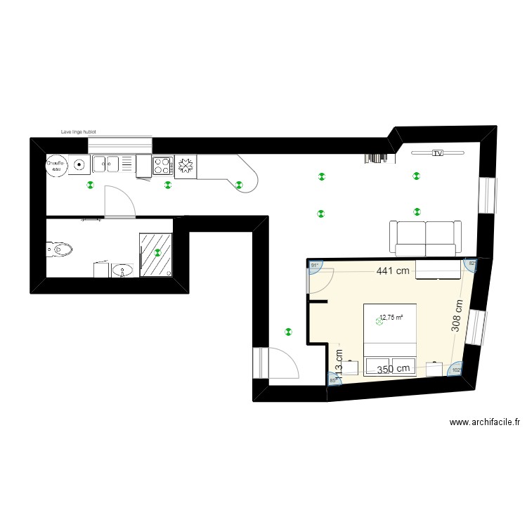 T2 combles Vinay. Plan de 1 pièce et 13 m2